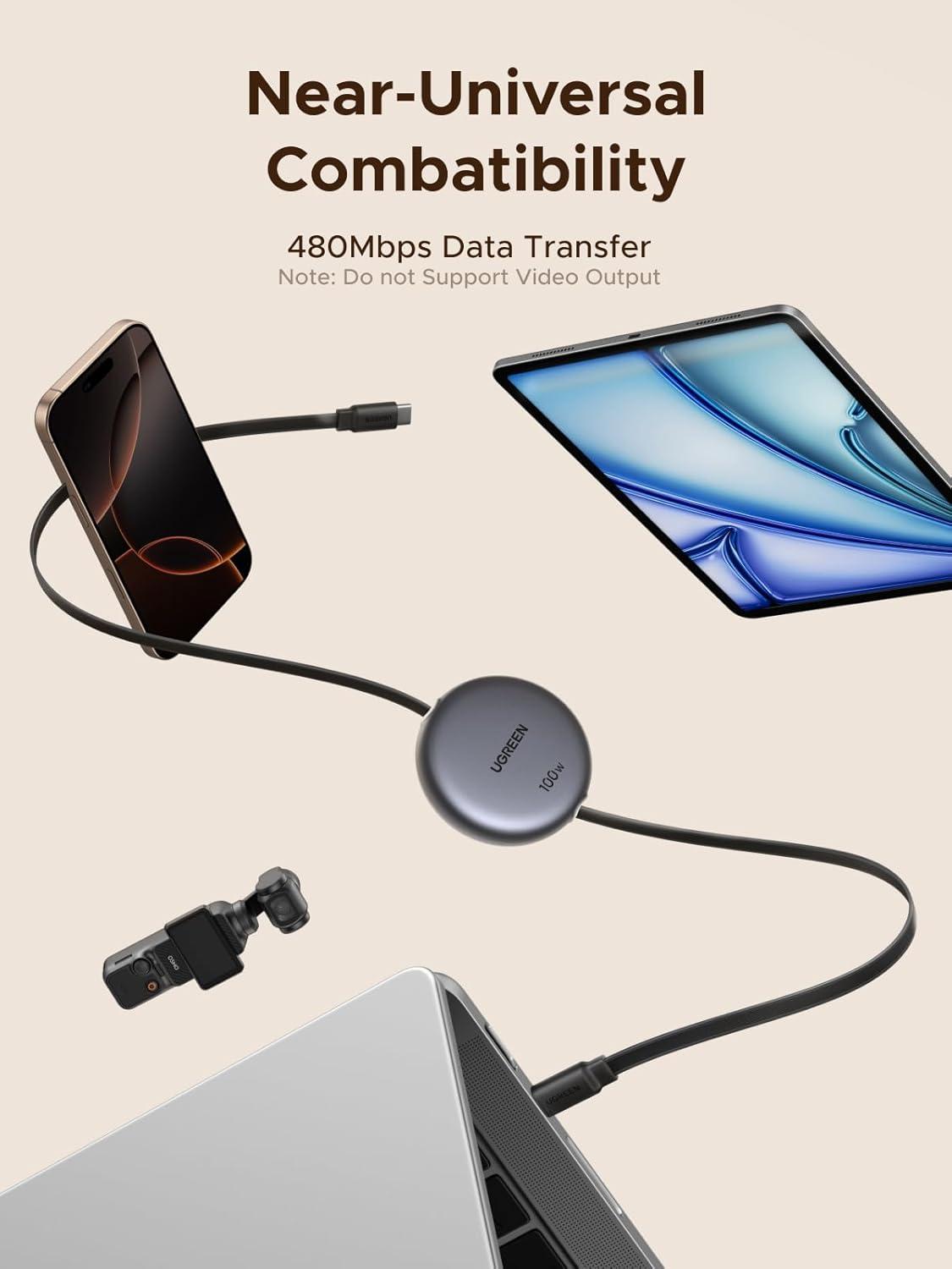 imageUGREEN 100W Retractable USB C Cable Type C Cord USB C Charger Cable for iPhone 171614 MacBook ProAir Galaxy S25S25S24 iPad ProAir Pixel 98 Switch AirPods Black 33FT