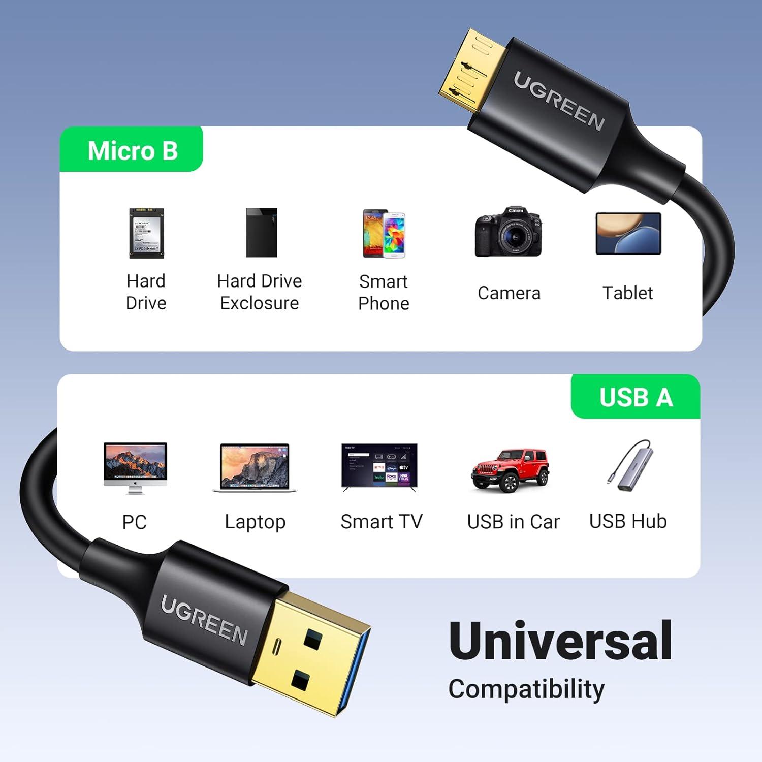 imageUGREEN Micro USB 30 Cable USB 30 Type A Male to Micro B Cord Compatible with Samsung Galaxy S5 Note 3 Camera Hard Drive and More 15ft15FT