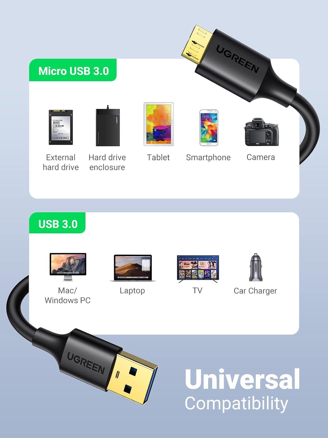 imageUGREEN Micro USB 30 Cable USB 30 Type A Male to Micro B Cord Compatible with Samsung Galaxy S5 Note 3 Camera Hard Drive and More 15ft3FT