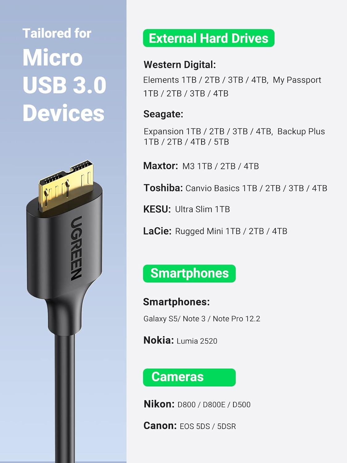 imageUGREEN Micro USB 30 Cable USB 30 Type A Male to Micro B Cord Compatible with Samsung Galaxy S5 Note 3 Camera Hard Drive and More 15ft6FT