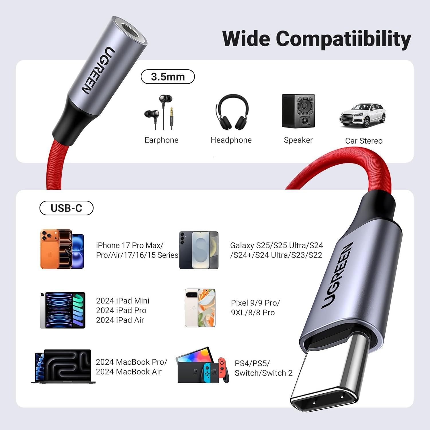 imageUGREEN USB C to 35mm Audio Adapter Type C to Headphone Aux Jack Dongle 24bit96kHz HiFi DAC Cable Cord Compatible with iPhone 17 16 Pro Max16 Plus iPad Galaxy S25 S24 Ultra Pixel 10 GreyRed