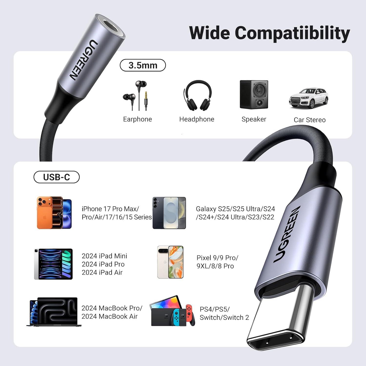 imageUGREEN USB C to 35mm Audio Adapter Type C to Headphone Aux Jack Dongle 24bit96kHz HiFi DAC Cable Cord Compatible with iPhone 17 16 Pro Max16 Plus iPad Galaxy S25 S24 Ultra Pixel 10 GreyGrey