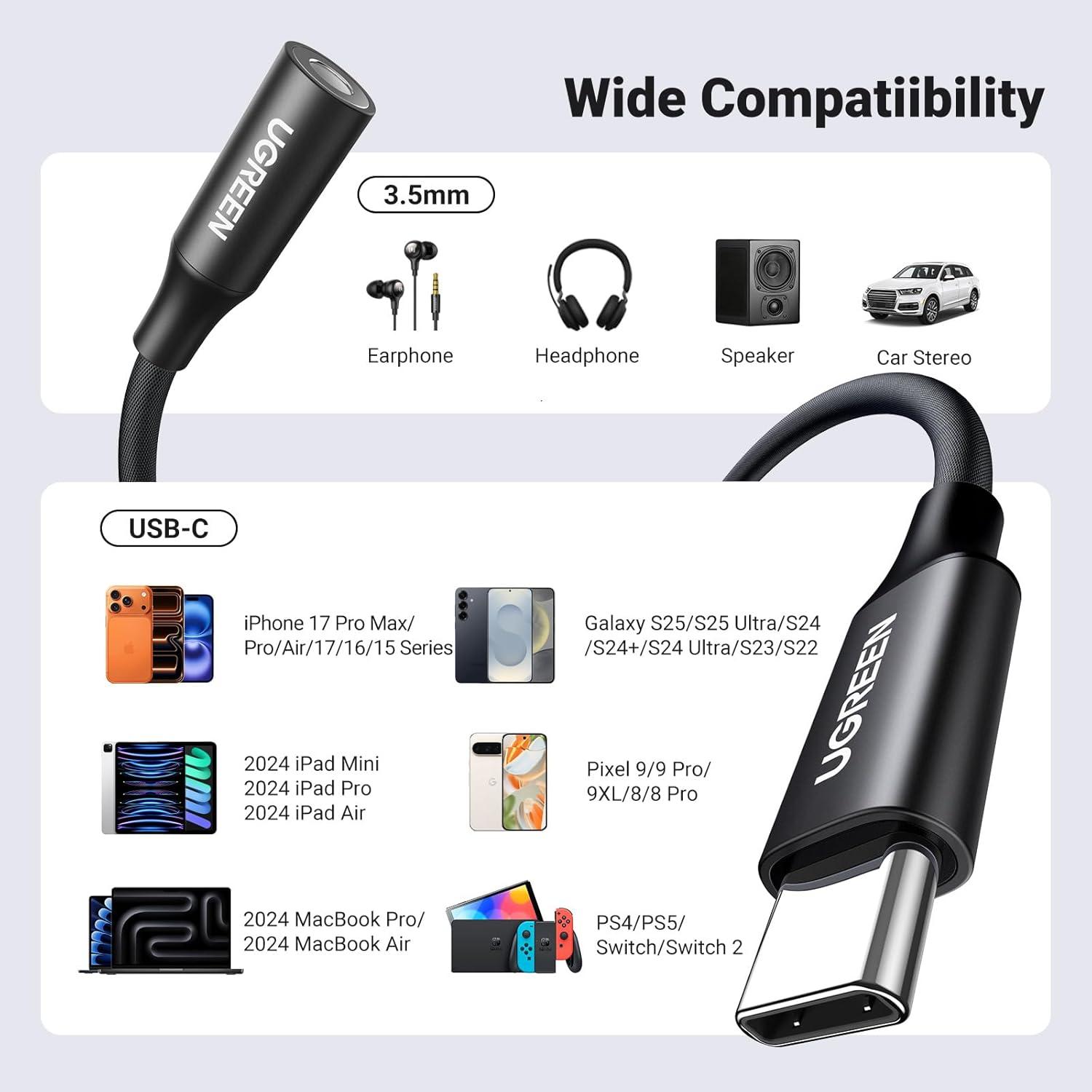 imageUGREEN USB C to 35mm Audio Adapter Type C to Headphone Aux Jack Dongle 24bit96kHz HiFi DAC Cable Cord Compatible with iPhone 17 16 Pro Max16 Plus iPad Galaxy S25 S24 Ultra Pixel 10 GreyBlack