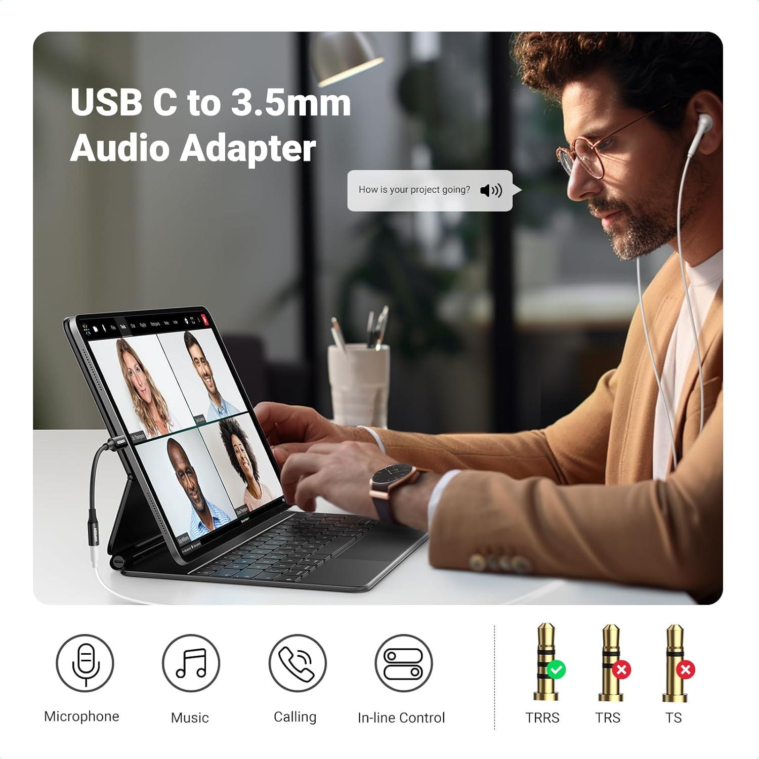 imageUGREEN USB C to 35mm Audio Adapter Type C to Headphone Aux Jack Dongle 24bit96kHz HiFi DAC Cable Cord Compatible with iPhone 17 16 Pro Max16 Plus iPad Galaxy S25 S24 Ultra Pixel 10 GreyBlack