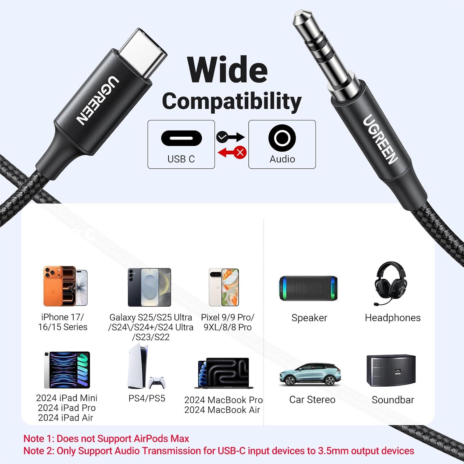 imageUGREEN USB C to Aux Type C to 35mm Audio Adapter HiFi Stereo Cord Headphone Male Car Auxiliary Cable Compatible with iPhone 17 16 15 Pro Max Galaxy S25 S24 Ultra iPad Pixel 10 Grey 33FTBlack