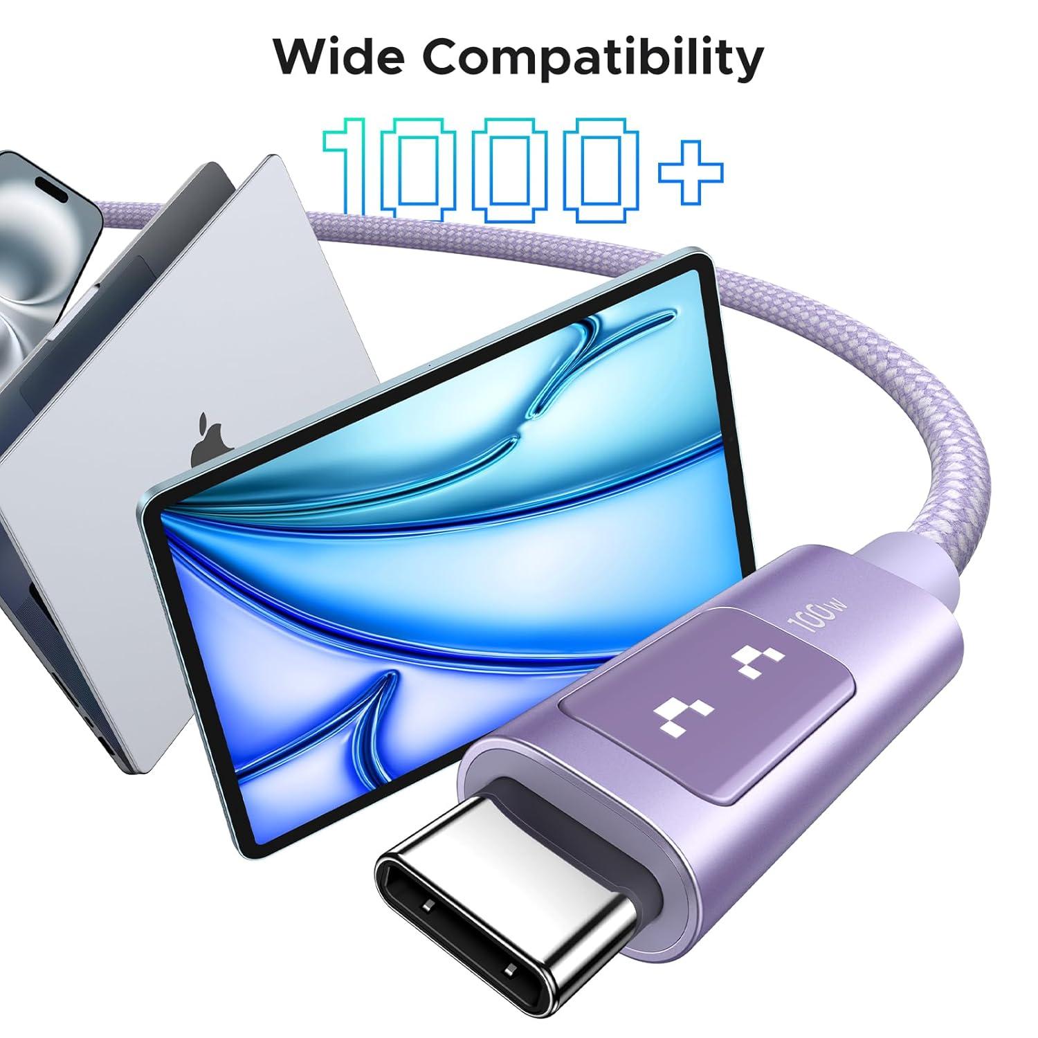 imageUGREEN Uno USB C to USB C Cable 100W Fast Charging Cable Type C Charging Cord with LED Display for iPhone 1717 Plus17 Pro17 Pro Max16 MacBook ProAir iPad ProAir Galaxy S25 Ultra 66FT BlackPurple