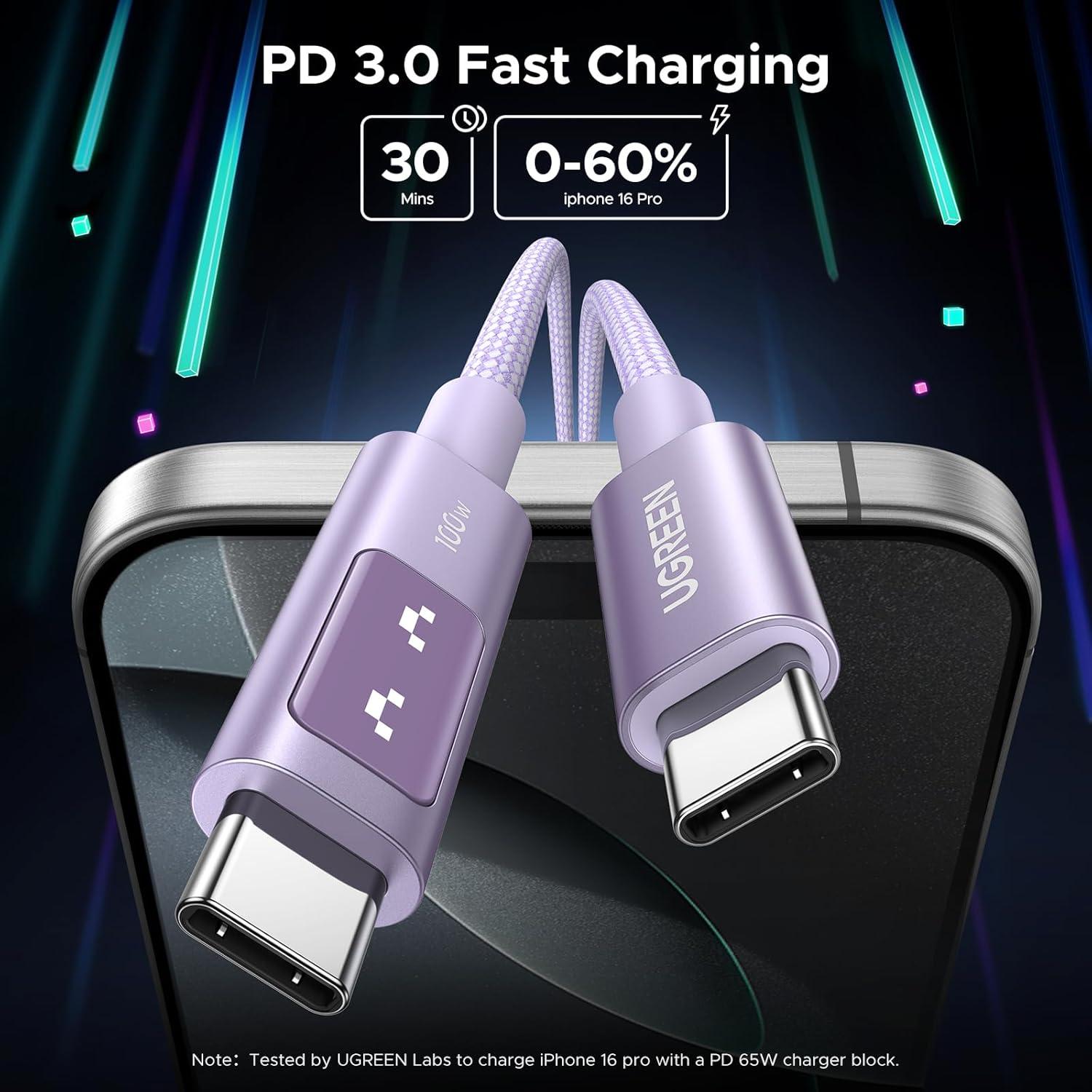 imageUGREEN Uno USB C to USB C Cable 100W Fast Charging Cable Type C Charging Cord with LED Display for iPhone 1717 Plus17 Pro17 Pro Max16 MacBook ProAir iPad ProAir Galaxy S25 Ultra 66FT BlackPurple