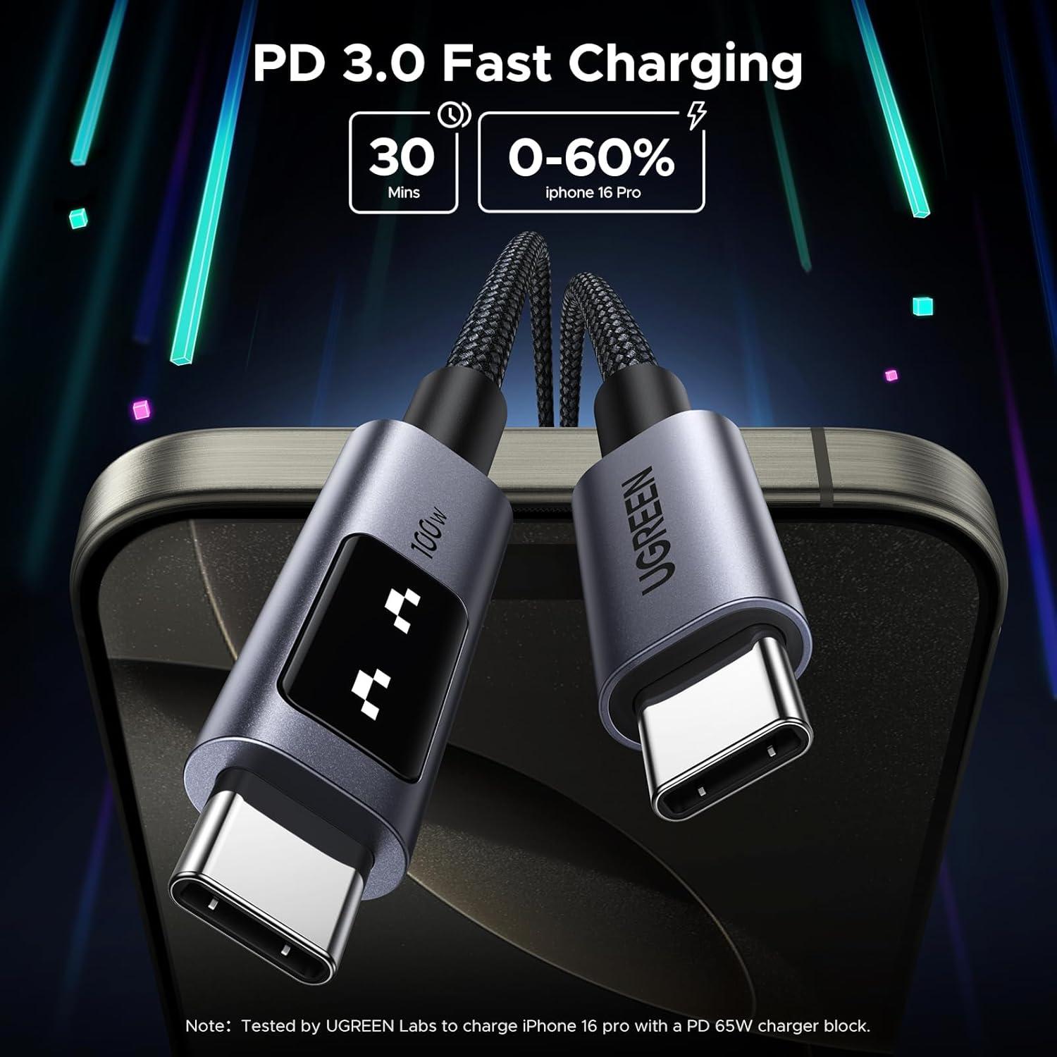 imageUGREEN Uno USB C to USB C Cable 100W Fast Charging Cable Type C Charging Cord with LED Display for iPhone 1717 Plus17 Pro17 Pro Max16 MacBook ProAir iPad ProAir Galaxy S25 Ultra 66FT BlackBlack