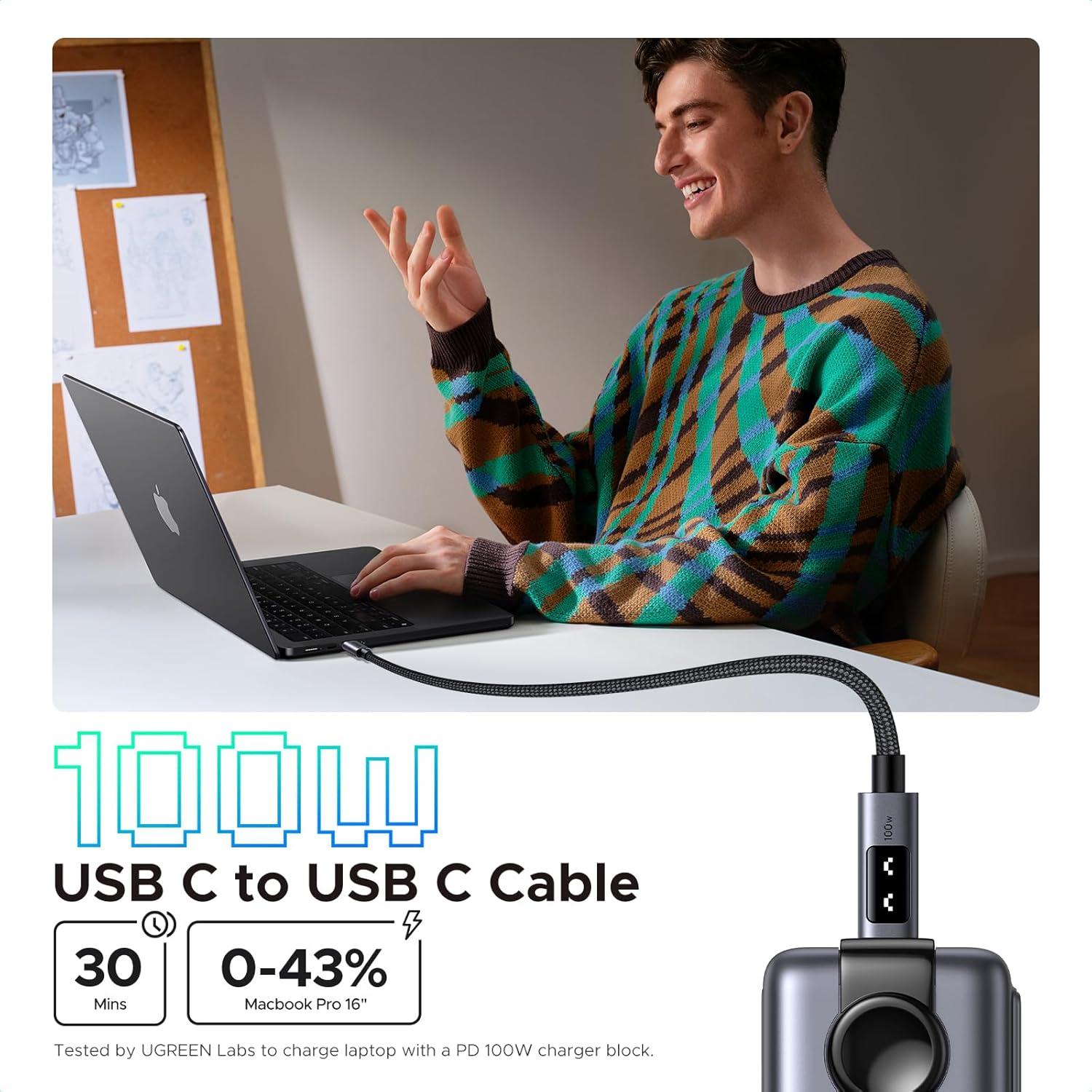 imageUGREEN Uno USB C to USB C Cable 100W Fast Charging Cable Type C Charging Cord with LED Display for iPhone 1717 Plus17 Pro17 Pro Max16 MacBook ProAir iPad ProAir Galaxy S25 Ultra 66FT BlackBlack