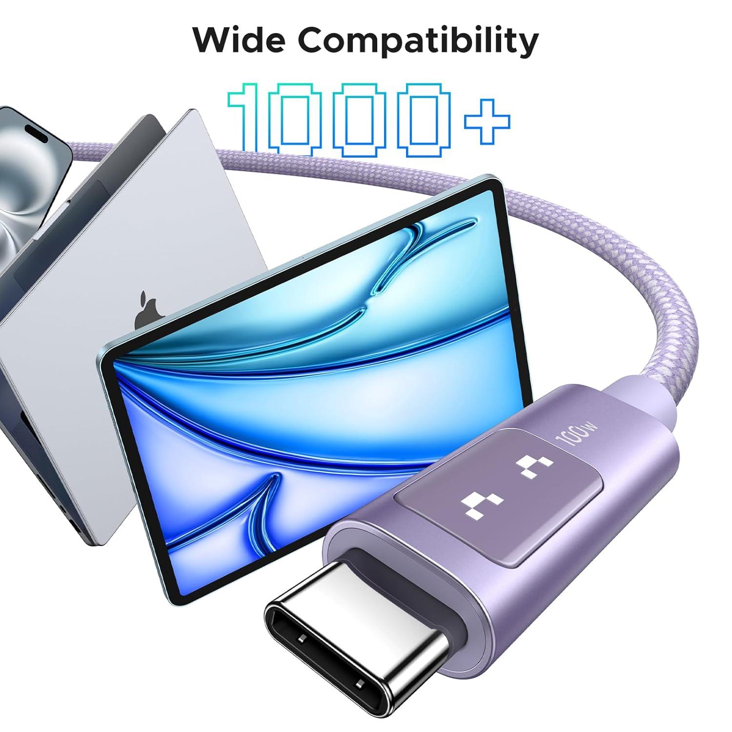 imageUGREEN Uno USB C to USB C Cable 100W Fast Charging Cable Type C Charging Cord with LED Display for iPhone 1717 Plus17 Pro17 Pro Max16 MacBook ProAir iPad ProAir Galaxy S25 Ultra 66FT BlackPurple