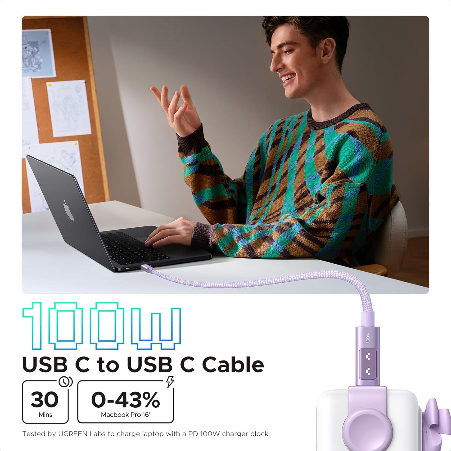 imageUGREEN Uno USB C to USB C Cable 100W Fast Charging Cable Type C Charging Cord with LED Display for iPhone 1717 Plus17 Pro17 Pro Max16 MacBook ProAir iPad ProAir Galaxy S25 Ultra 66FT BlackPurple