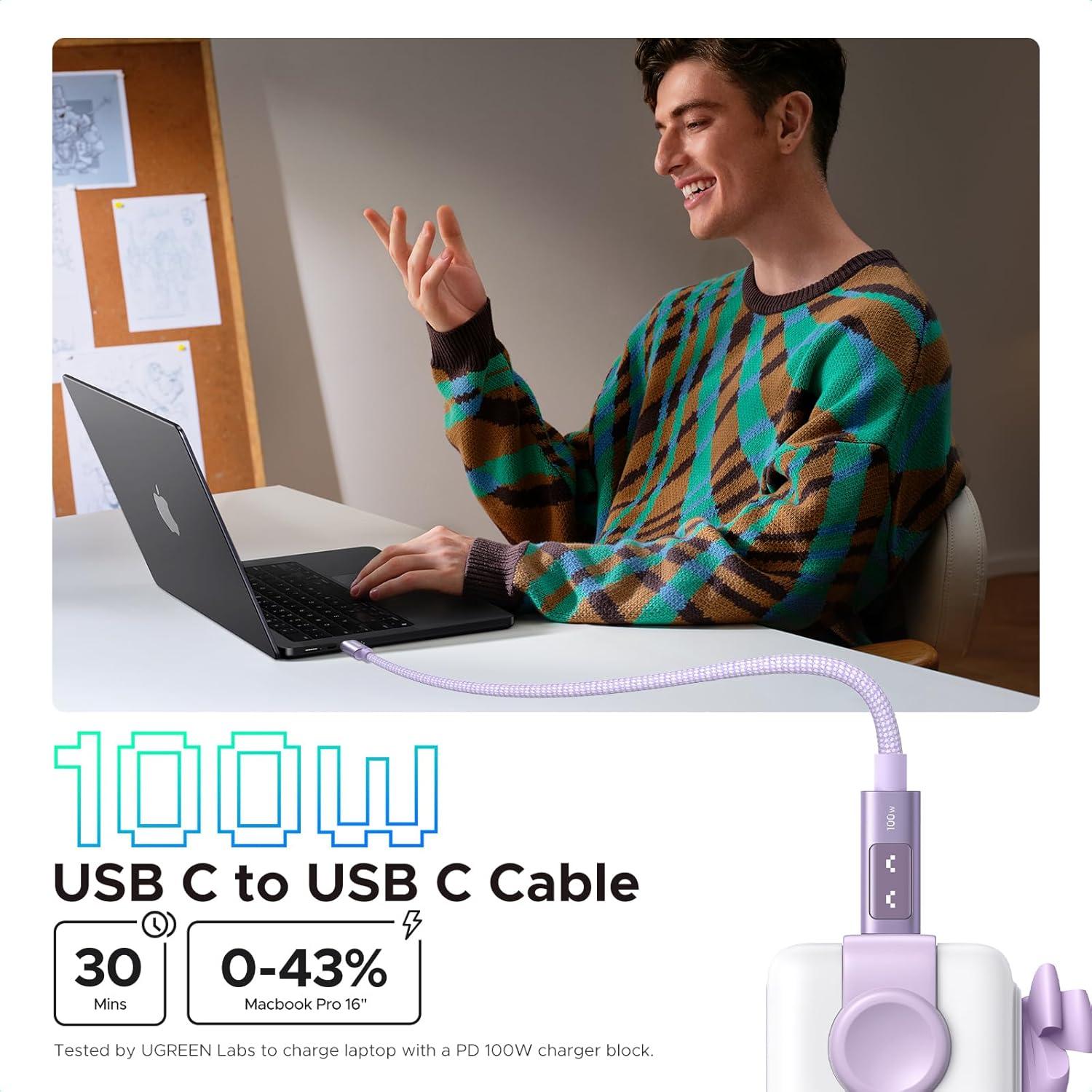 imageUGREEN Uno USB C to USB C Cable 100W Fast Charging Cable Type C Charging Cord with LED Display for iPhone 1717 Plus17 Pro17 Pro Max16 MacBook ProAir iPad ProAir Galaxy S25 Ultra 66FT BlackPurple