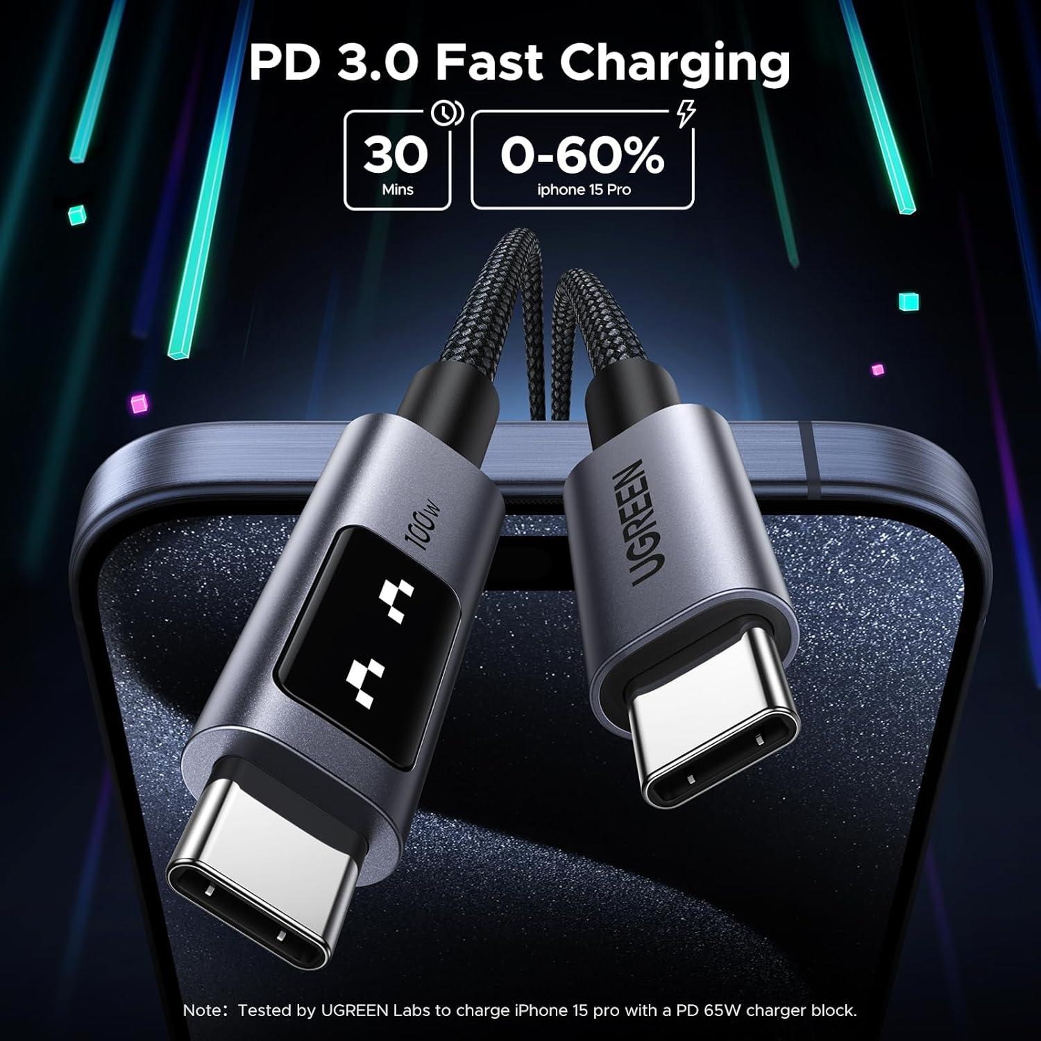 imageUGREEN Uno USB C to USB C Cable 100W Fast Charging Cable Type C Charging Cord with LED Display for iPhone 1717 Plus17 Pro17 Pro Max16 MacBook ProAir iPad ProAir Galaxy S25 Ultra 66FT BlackBlack