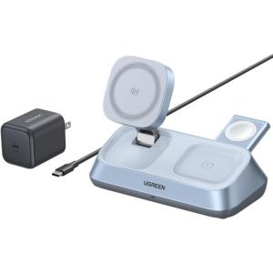 imageUGREEN 25W Qi2 Certified 3in1 Magflow Wireless Charging Stand Magsafe Fast Wireless Charger for iPhone 171615141312 AirPods and Apple Watch Desk Stand with Adjustable Angle