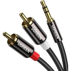 imageUGREEN 35mm to RCA Cable 66FT RCA Male to Aux Audio Adapter HiFi Sound Headphone Jack Adapter Metal Shell Y Splitter Auxiliary Cord 18 Connector for Phone Speaker MP3 Tablet HDTV33FT