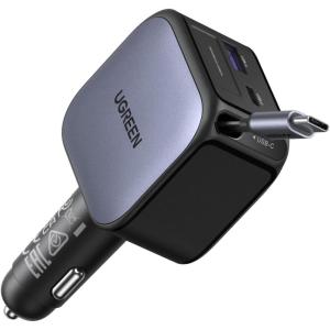 imageUGREEN 60W 2C1A Car Charger with Retractable Cable 3Port Fast Charger with 30W PD USBC USBA Cigarette Lighter Adapter for iPhone 171615 Galaxy S25S24 iPad GPS 12V Car Accessories