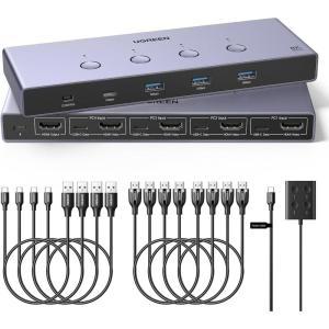 imageUGREEN 8K60Hz HDMI KVM Switch 4 Computers with 4 USB 30 Ports Aluminum KVM Switches Share One Monitor Keyboard Mouse Hard Drives Printer with 4 HDMI Cables 4 USB Cables and Desktop Controller