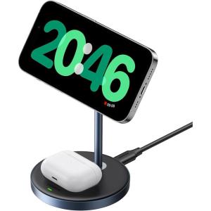 imageUGREEN MagFlow 2in1 Magnetic Wireless Charging Stand Fast Wireless Charger for iPhone 17 16 15 14 13 12 Series and AirPods MagSafe Compatible Qi Charging Stand with 3 FT USBC Cable No AC Adapter