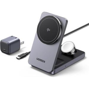 imageUGREEN MagFlow Qi2 3in1 Charger Station for iPhone 16 Foldable Wireless Charger Stand Compatible with iPhone 1615141312 Series AirPods 32Pro Smartwatch Included 30W Adapter
