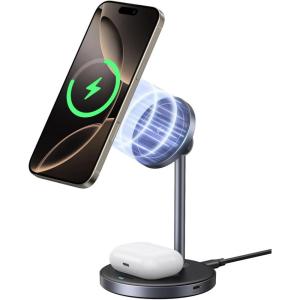 imageUGREEN Qi2 Certified 15W 2in1 Magnetic Wireless Charging Stand Fast Charging Station for iPhone 17 16 15 14 13 12 Series and AirPods MagSafeCompatible Wireless Charger with 3 FT USBC Cable