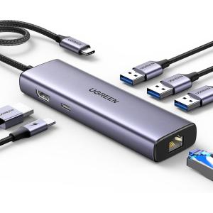 imageUGREEN Revodok 6 in 1 USB C Hub Gigabit Ethernet Adapter with 4K HDMI 100W PD Charging USB A Data Ports Compatible with Mac M1 M2 M3 iPad iPhone 16 ProPro Max Steam Deck