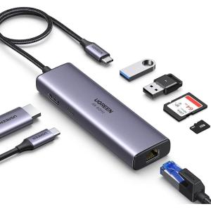 imageUGREEN Revodok 7 in 1 USB C Hub Gigabit Ethernet Adapter 4K60Hz HDMI 100W PD Charging USB A Data Ports SDTF Card Reader Compatible with Mac M1 M2 M3 iPad iPhone 15 ProPro Max Steam Deck