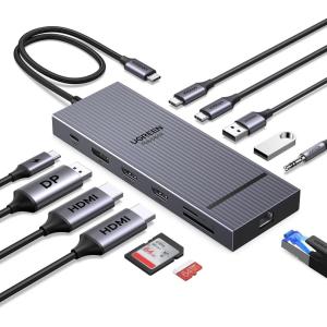 imageUGREEN Revodok Pro 12 in 1 Triple 4K Docking Station with 2 HDMI DP 2x10G USB C 2USBA20 100W PD SDTF 1000Mbps Ethernet 35MM Audio USBC Hub Multiple Adapter for MacBook DELL HP and More