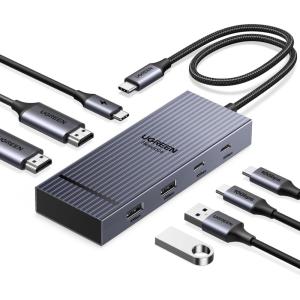 imageUGREEN Revodok Pro 7 in 1 Docking Station Dual Monitor USB C Hub Dual 4K60Hz HDMI Display 10Gbps USBAC Data Ports 100W PD Aluminum Laptop Docking Station for HP Thinkpad Dell and More