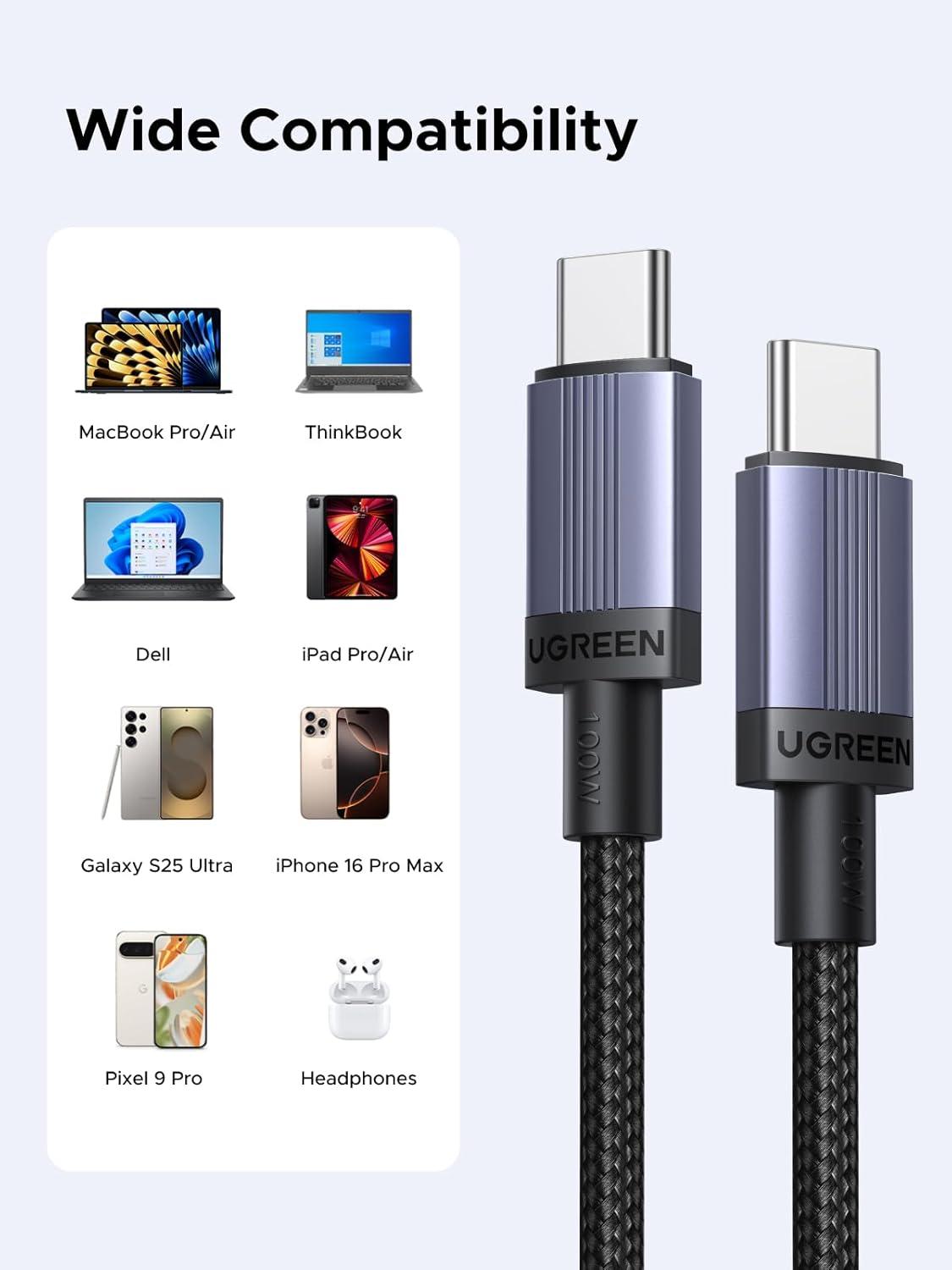imageUGREEN 100W 2Pack USB C Cable Fast Charging Type C Cord USB C Charger Cable for iPhone 171614 MacBook ProAir Galaxy S25S25S24 iPad ProAir Pixel 98 Switch AirPods 66FT66FT