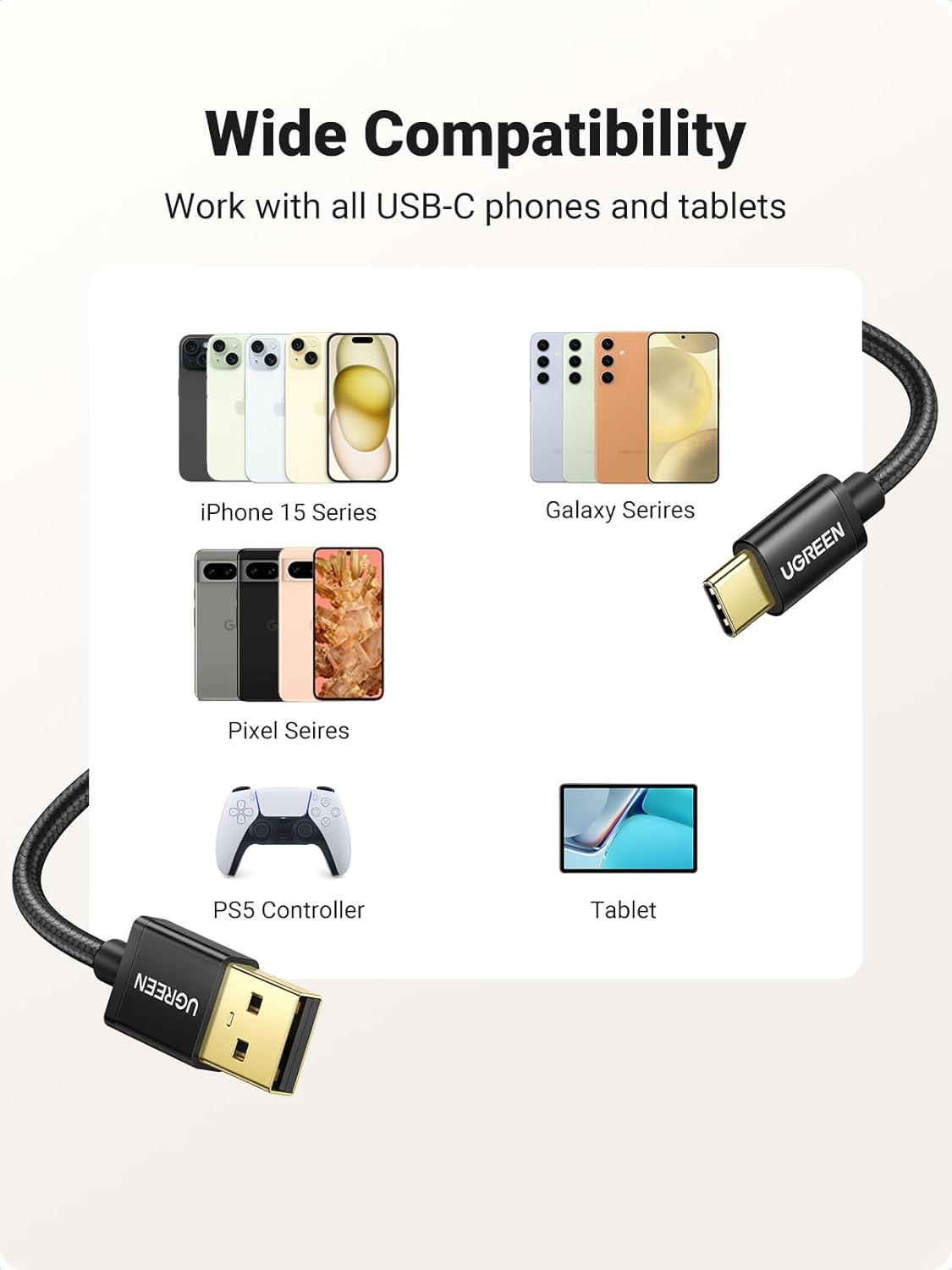 imageUGREEN 2Pack USB C Cable 3A Fast Charge USB A to Type C Cable Braided USB C Charger Cord Compatible with iPhone 1616 Plus16 Pro15 Samsung Galaxy A03sA10eA20A50A51S20LG G8G7 33ft Black