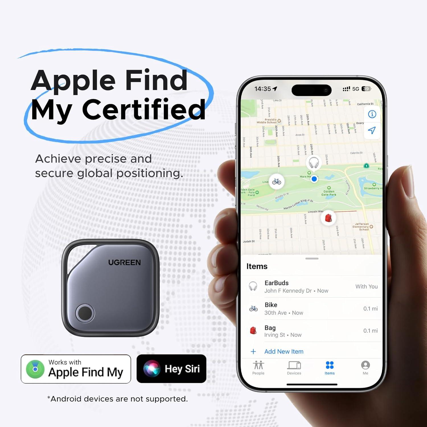imageUGREEN 4Pack FineTrack Smart Finder Compatible with Apple Find My iOS Only 1Year USBC Rechargeable Bluetooth Tracker Tags Item Finder Smart Tag for Key Luggage Passport