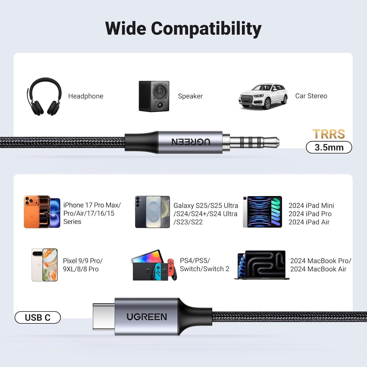 imageUGREEN Aux to USB C Aux Cord for Car Type C to 35mm Audio Jack Cable 33FT TRRS Headphone Stereo Adapter Mic HiFi Compatible with iPhone 17 16 15 Pro Max16 15 Plus Galaxy S25 Ultra Pixel 10 iPad33FT
