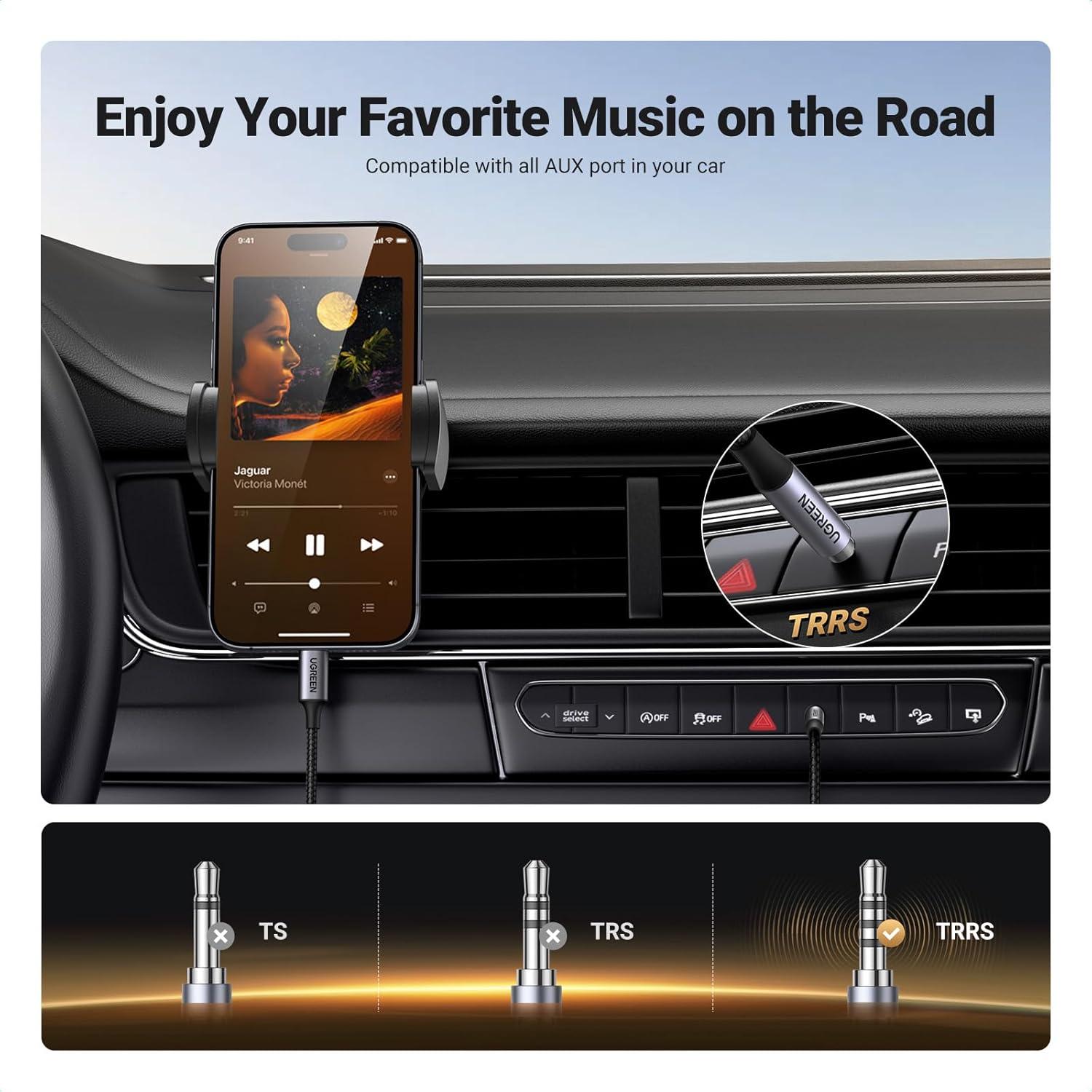 imageUGREEN Aux to USB C Aux Cord for Car Type C to 35mm Audio Jack Cable 33FT TRRS Headphone Stereo Adapter Mic HiFi Compatible with iPhone 17 16 15 Pro Max16 15 Plus Galaxy S25 Ultra Pixel 10 iPad66FT