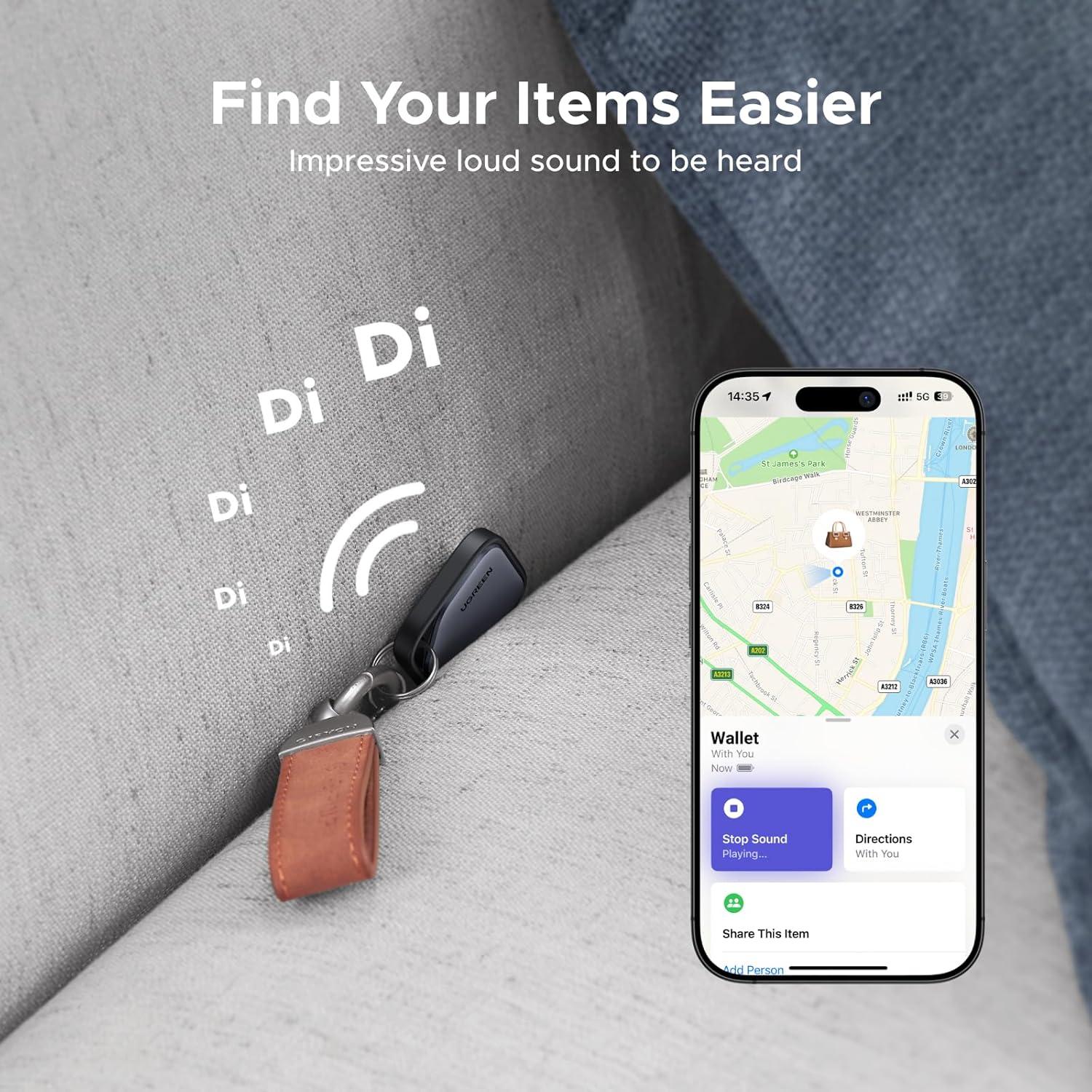 imageUGREEN FineTrack Smart Finder Compatible with Apple Find My iOS Only 2Year Replaceable Battery Bluetooth Tracker Tags Item Finder Smart Tag for Key Luggage Passport with Alarmampamp LeftBehind Remind