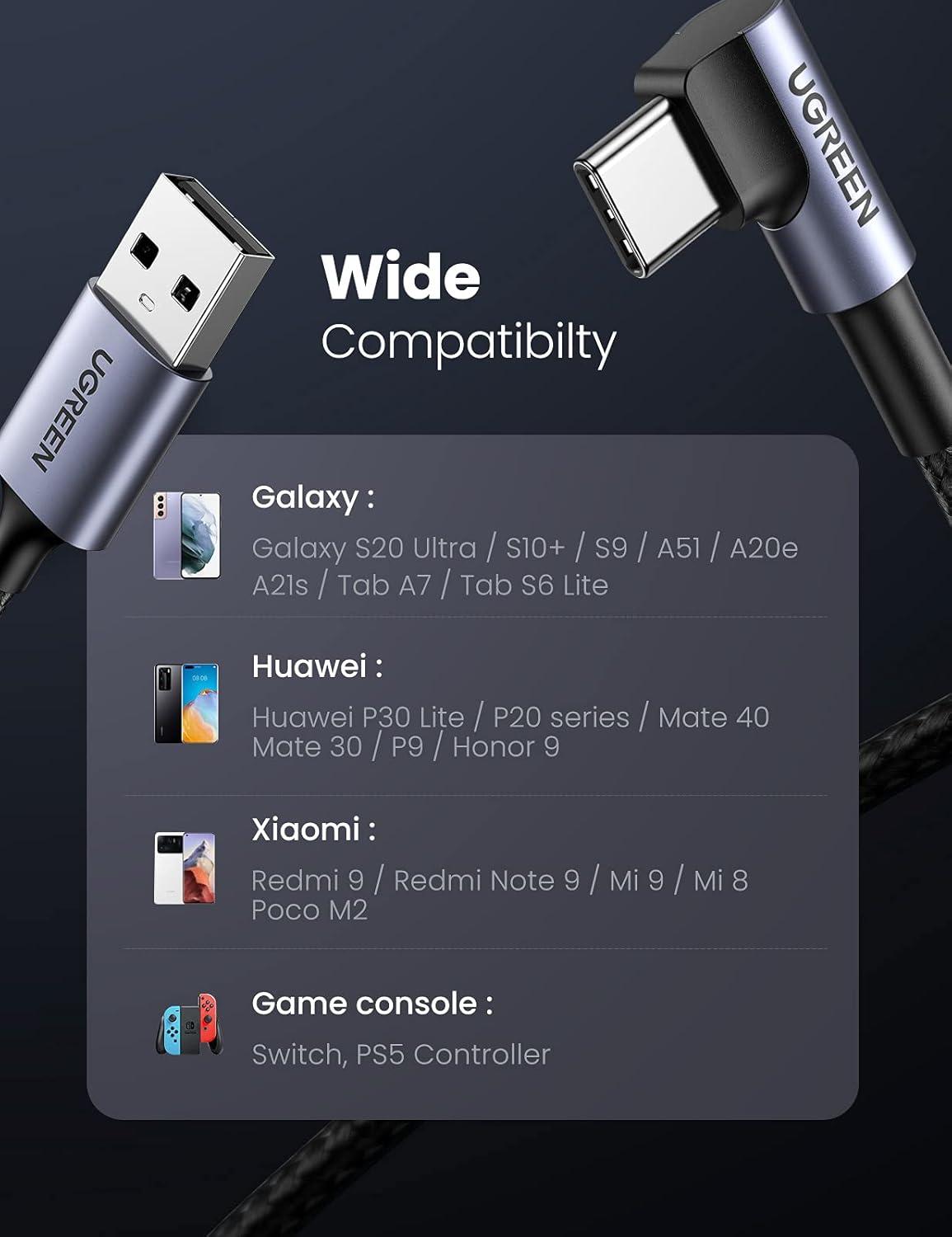 imageUGREEN Right Angle USB C Cable USB A to USB C Cable 90 Degree Type C Cord Compatible with iPhone 1616 Plus16 Pro16 Pro Max15 Galaxy S24S23S10S10 iPad mini 6Air 5 Pixel 87 33FT66FT