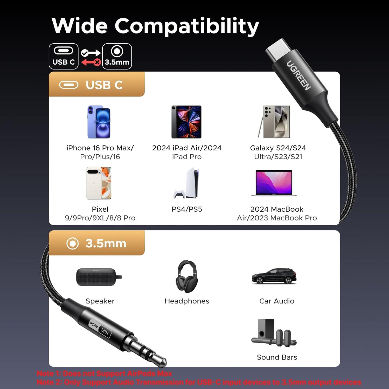 imageUGREEN USB C to Aux Type C to 35mm Audio Adapter HiRes 32bit384KHz Stereo Cord Headphone Male Car Auxiliary Cable Compatible with iPhone 17 16 15 Pro Max Galaxy S25 S24 Ultra iPad Pixel 10 33FT33FT