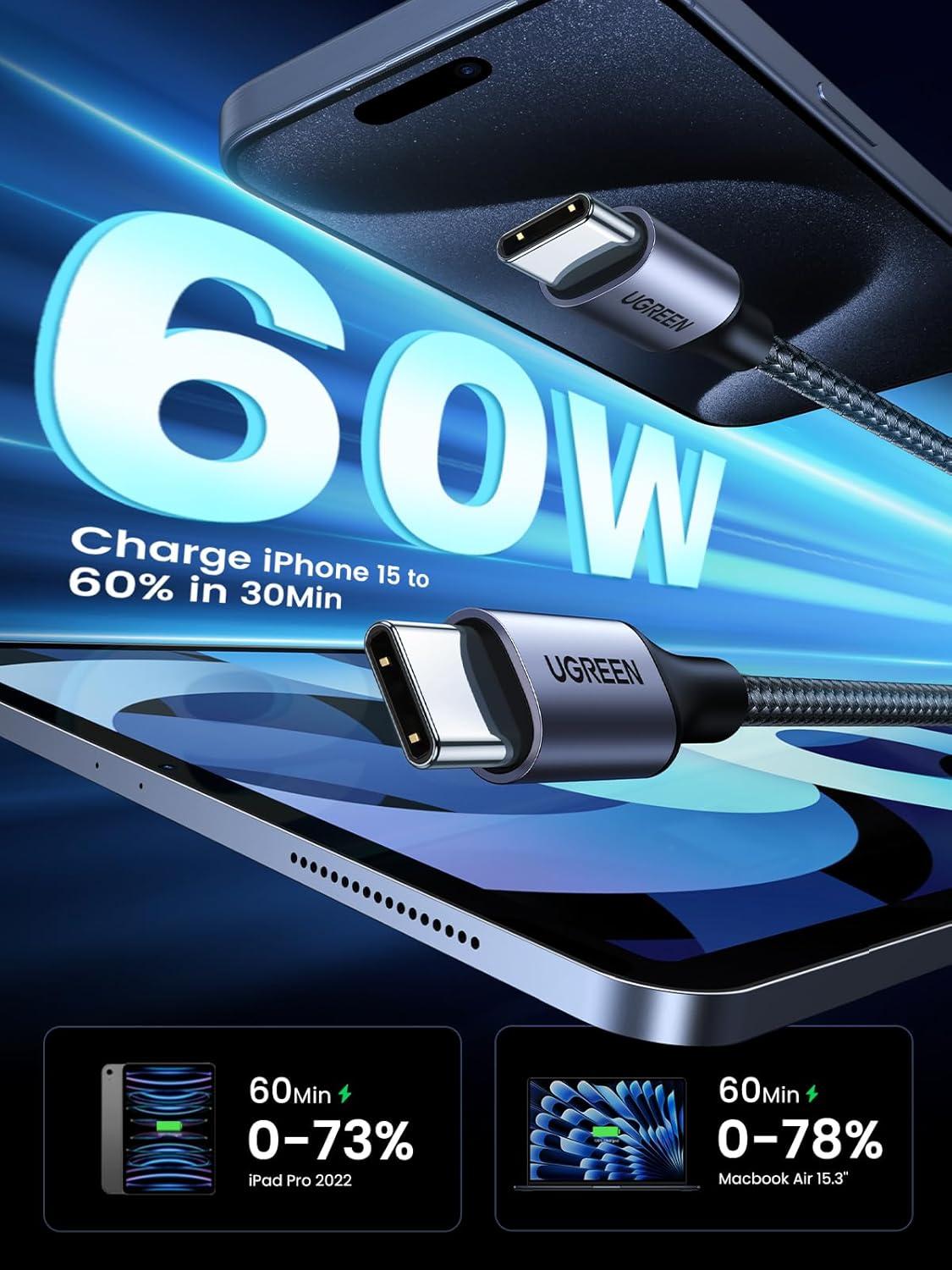 imageUGREEN USB C to USB C Cable 33FT 60W 2Pack USB C Cable Nylon Braided Type C Cord for iPhone 1716 Galaxy S25S24S22 Pixel 87 MacBook AirPro Dell XPS iPad ProMiniAir Switch Steam Deck66FT
