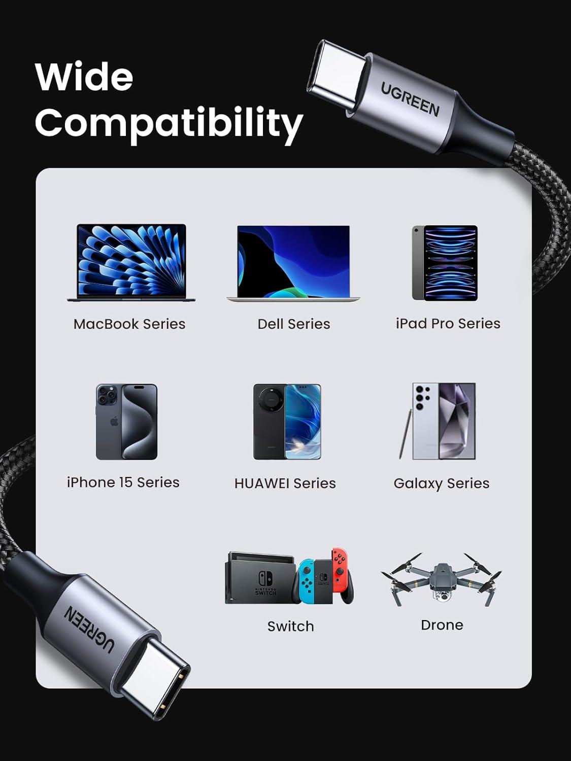 imageUGREEN USB C to USB C Cable 33FT 60W 2Pack USB C Cable Nylon Braided Type C Cord for iPhone 1716 Galaxy S25S24S22 Pixel 87 MacBook AirPro Dell XPS iPad ProMiniAir Switch Steam Deck66FT