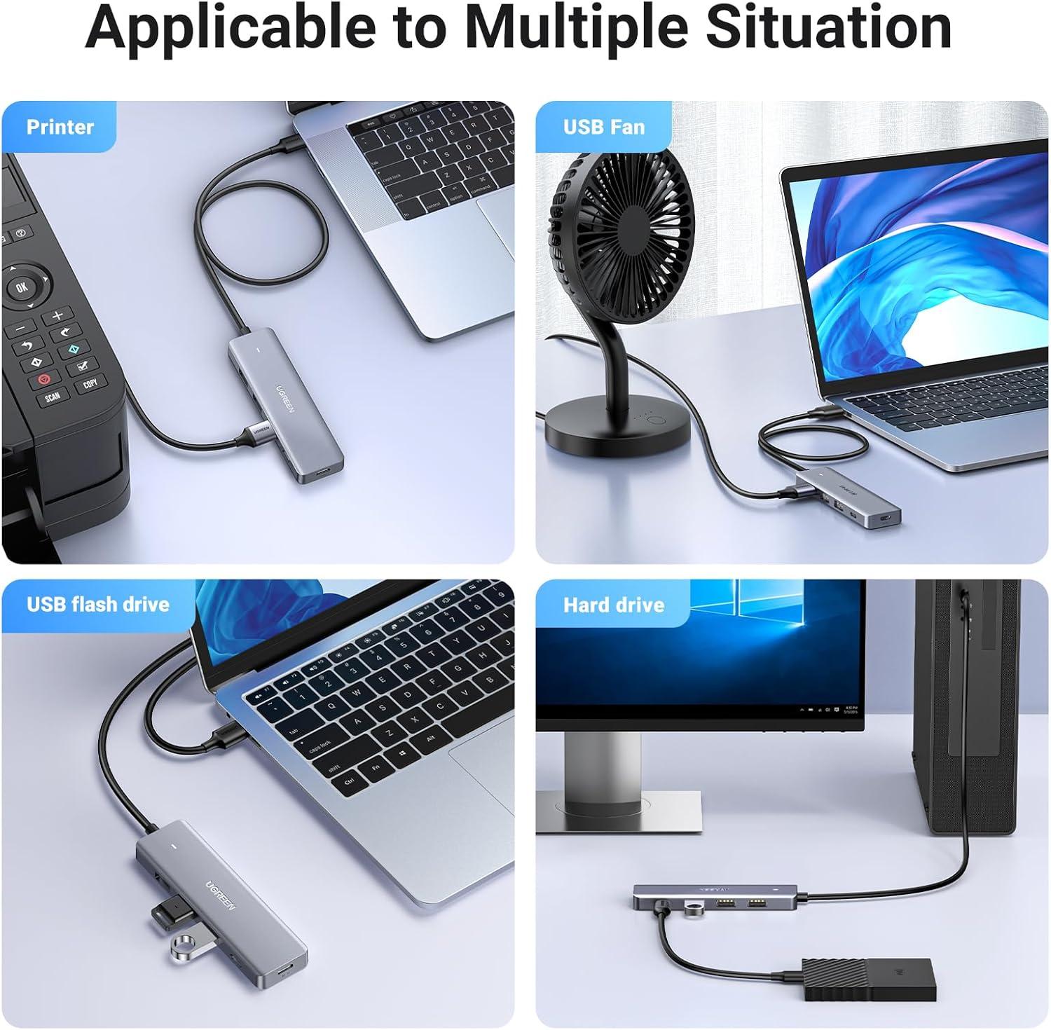 imageUGREEN USB Hub 4 Ports C ampamp 3 A Multiport Adapter 2ft Long Cable Powered 30 Hub With C Power Port for Laptop Desktop PS5 Xbox Series and More Devices2ft