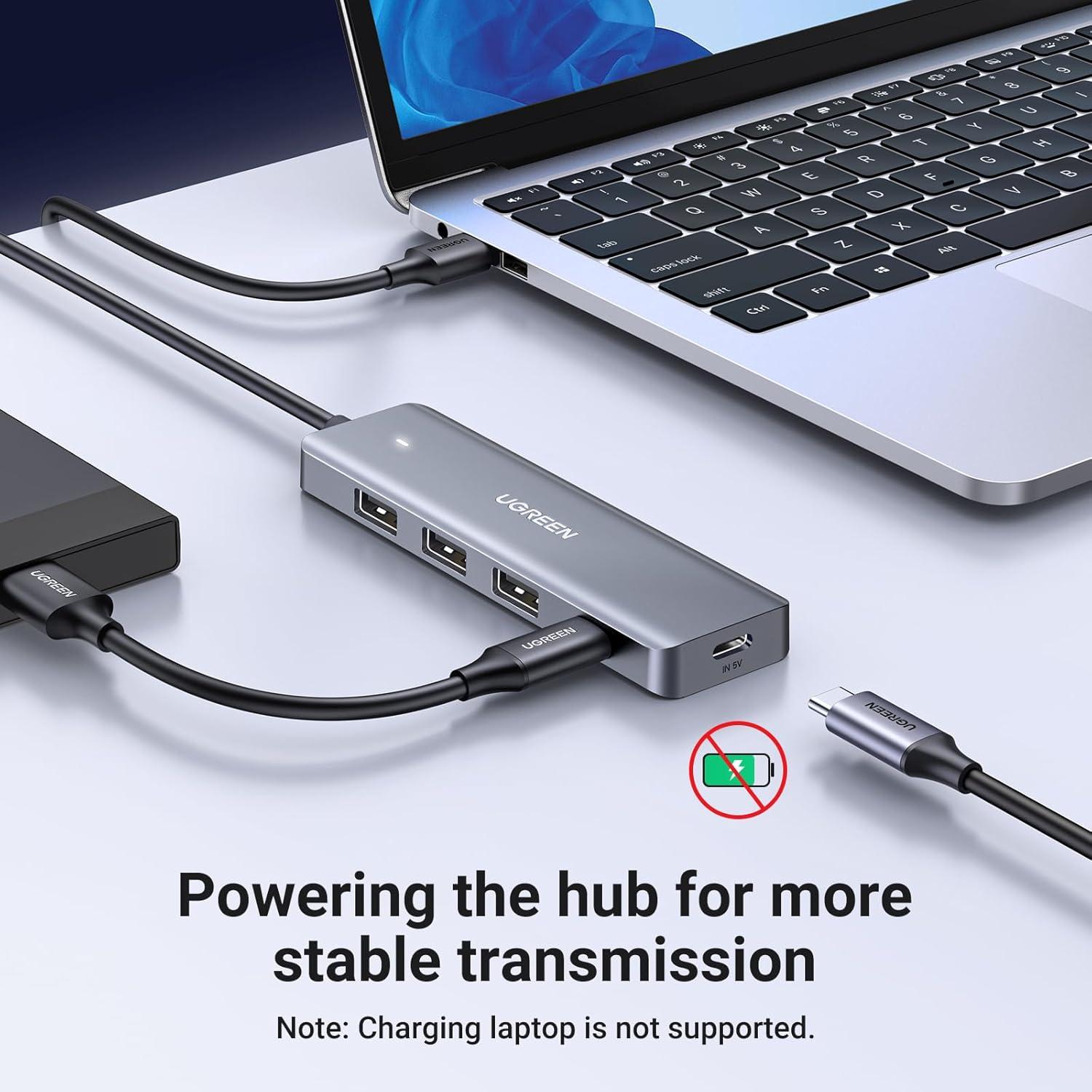 imageUGREEN USB Hub 4 Ports C ampamp 3 A Multiport Adapter 2ft Long Cable Powered 30 Hub With C Power Port for Laptop Desktop PS5 Xbox Series and More Devices2ft