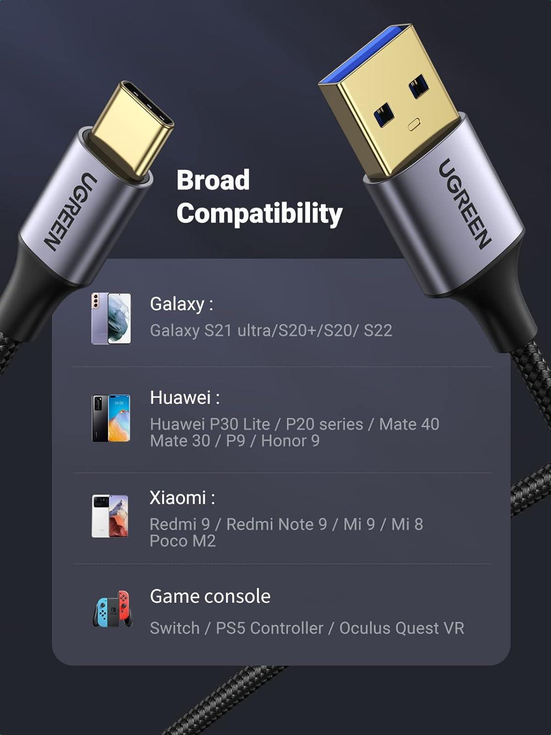 imageUGREEN USB to USB C Cable USB C 30 Cable 5Gbps Data Transfer Type C Cable Fast Charging Nylon Braided Cord for Android AutoiPhone 16Galaxy S21 S20 A53 A71iPad Mini 6SwitchPS5 Controller 33FT66FT