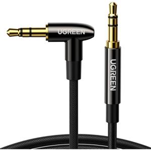 imageUGREEN 35mm Audio Cable HiFi Sound Stereo Nylon Braided Male to Male Aux Cord 90 Degree Aux Cable Gold Plated Compatible with iPod iPad Tablets Headphone Speakers Home Car Stereos 3FT
