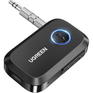 imageUGREEN 54 Aux Bluetooth Adapter Noise Cancelling 35mm AUX Bluetooth Car Adapter Wireless Audio Receiver for Home StereoWired Speaker 15H Battery LifeBlack