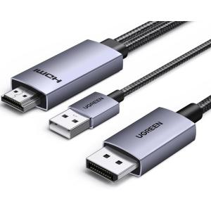 imageUGREEN Active HDMI to DisplayPort Male Unidirectional Cable with USB Powered 4K60Hz 1080P120Hz HDMI to DP Display HDR Dolby HDCP23 Braided 66FT Compatible with Laptop PC PS5 Xbox Switch