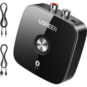 imageUGREEN Bluetooth AUX Adapter Builtin Battery Support Dual Pairs Bluetooth 53 Receiver for Old Stereo 35mm RCA Dual Channel for Home Stereo Speakers