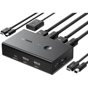 imageUGREEN HDMI KVM Switch 1 Monitor 2 Computers with 4 USB Ports 4K60Hz KVM Switches for Sharing One Monitor Keyboard Mouse Printer with 2 HDMI Cables 2 USB Cables Desktop Controller
