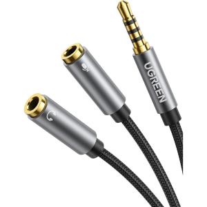 imageUGREEN Headphone Splitter 35mm 2 Female to 1 Male Mic and Audio Y Splitter TRRS Headset Adapter Cable Stereo Compatible with Switch 2PS4PS5 Steam Deck Xbox PC Laptop Phone Tablet Gaming