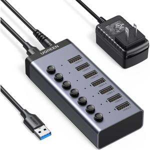 imageUGREEN Powered USB 30 Hub 7Port USB Adapter with 4 Smart Charging Ports USB Splitter with Individual Led OnOff Switches and Power Adapter USB Ports Extender for Laptop PC
