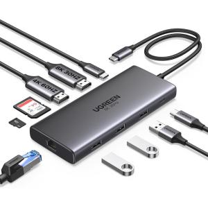 imageUGREEN Revodok Pro 210 Docking Station 10 in 1 USB C Dock Dual HDMI 4K60Hz Single 8K30Hz 100W PD 5Gbps USB C and USB A Data Ports Gigabit Ethernet SDTF Card Reader USB Hub Compatible for HP Dell