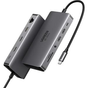 imageUGREEN Revodok Pro 211 Laptop Docking Station 11 in 1 USB C Dock Dual HDMI 4K60Hz Single 8K30Hz 10Gbps Data Port 100W PD Gigabit Ethernet SDTF Card Reader Compatible for Thinkpad Zenbook and more